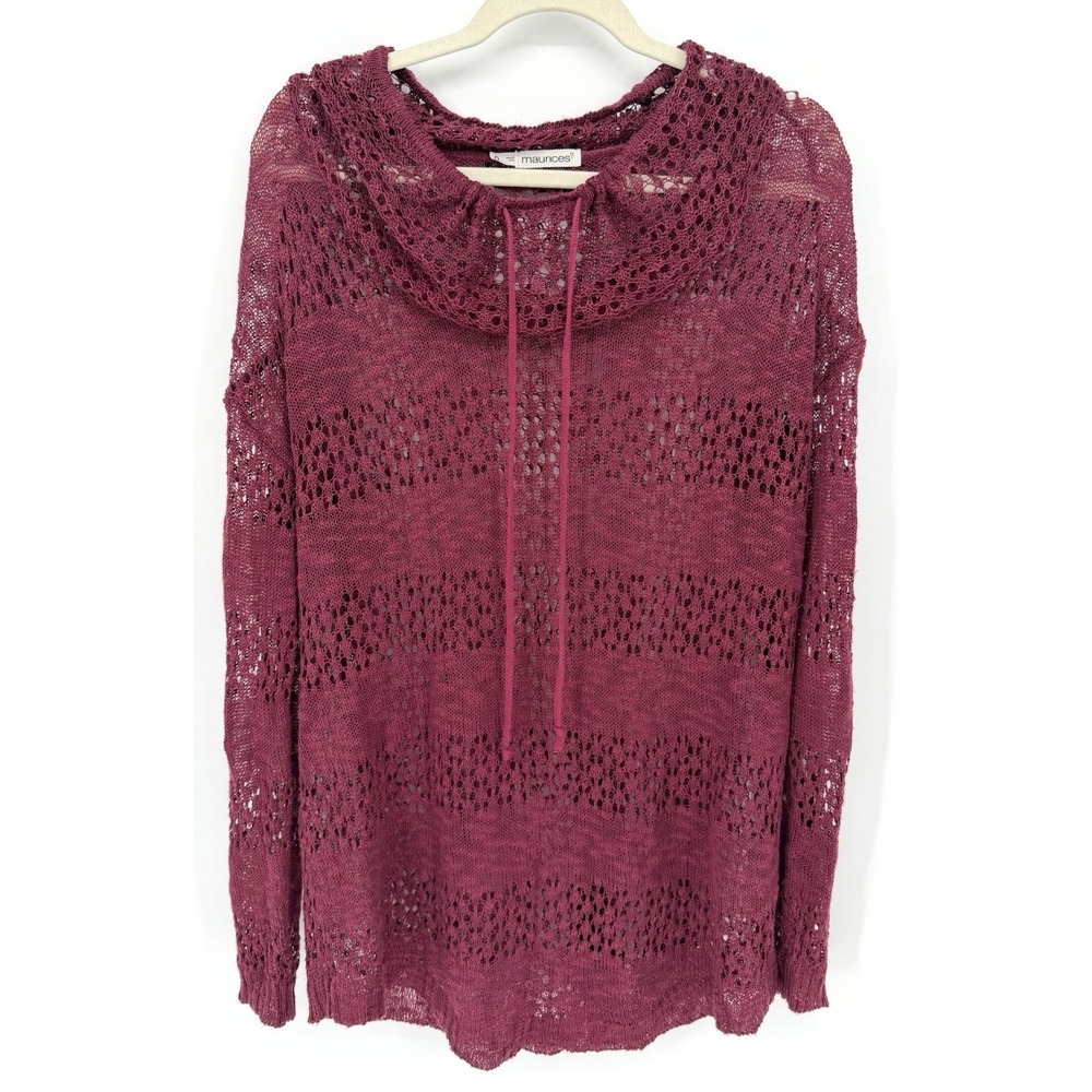 Maurices Women's Crochet Long Sleeve Cowl Neck Sweater Burgundy Open Knit 0 (1X)